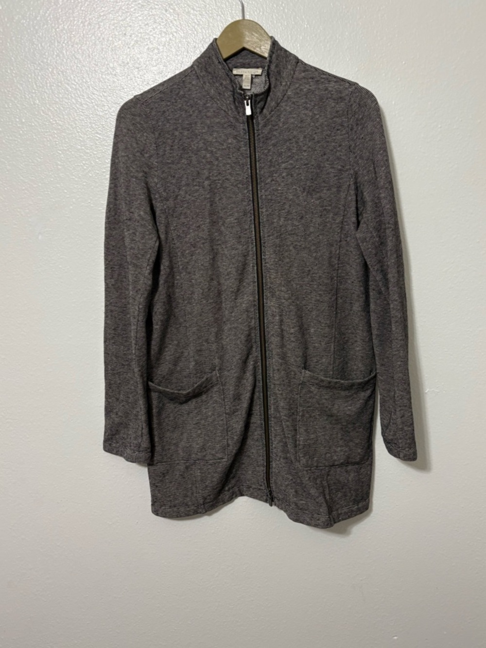 Eileen Fisher Size XS Black White Striped Hemp Blend Full Zip Lightweight Jacket